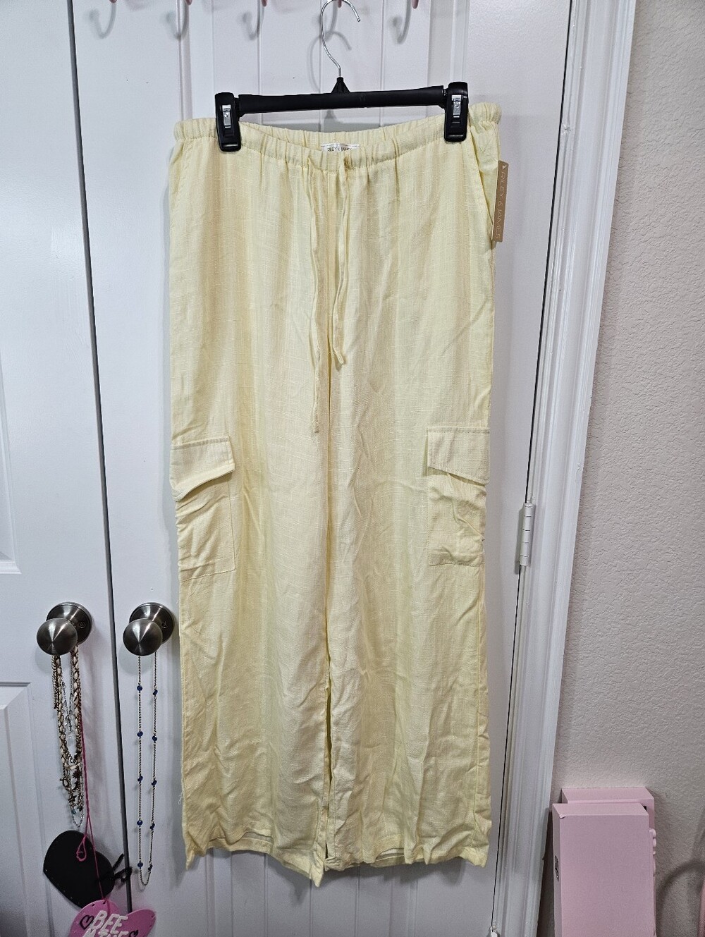 Linen Blend Light Yellow Drawstring Cargo Pants